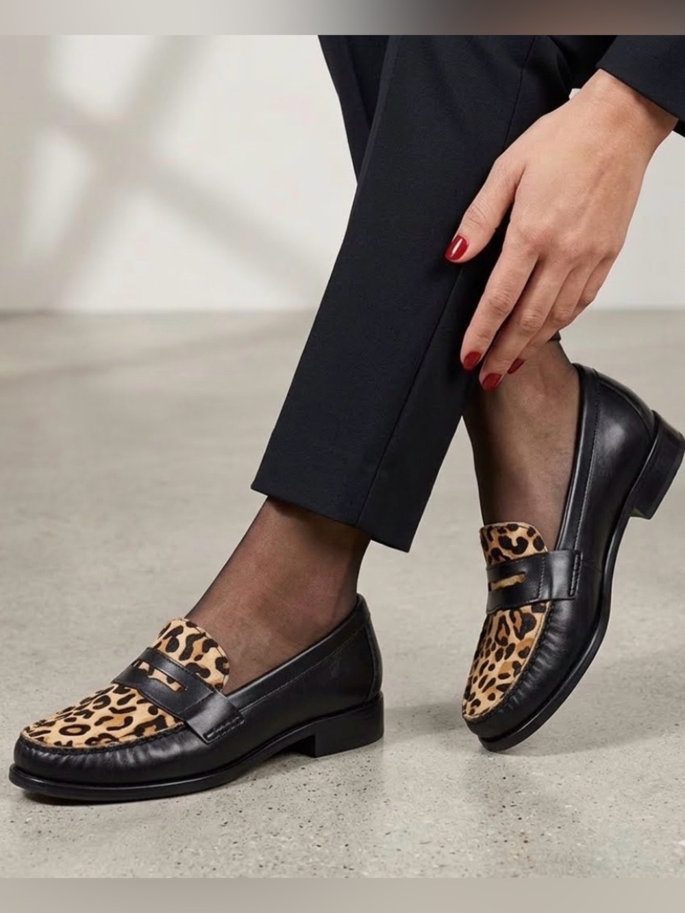 NWOT Cole Haan Black Leather Loafers with Leopard Print Calf Hair Vamp - Picture 1 of 10